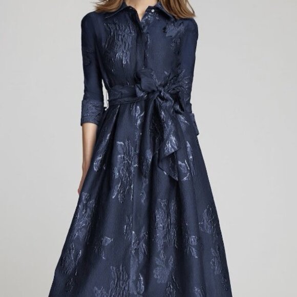 Teri Jon Navy Metallic Jacquard Shirtdress Gown, Size 22, with Floral Print - Picture 1 of 4